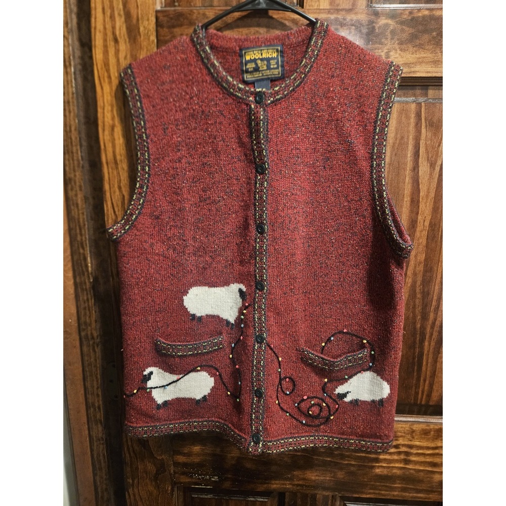 Vintage Woolrich Lambs Wool Mix Vest Womens L Christmas Holiday Lamb Red